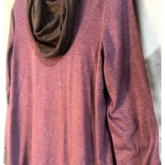 Womens Long Sleeve Cowl Neck Scarf Top Purple Plum Brown Heathered Elbow Patch - Picture 3 of 11